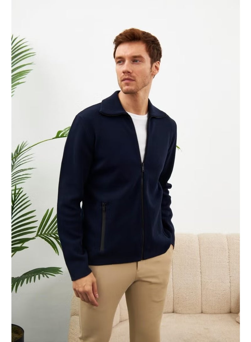 Odelon Men's Waterproof Zippered Cotton Knitwear Cardigan Navy Blue HRK201 - Image 5